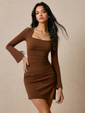 Autumn Winter Brown Square Collar Slimming Slimming Sheath Split Dress Flared Long Sleeve Pleated Commuting Dress