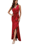 V neck Sleeveless Slim Fit Elegant Ruffled Split Long Evening Dress