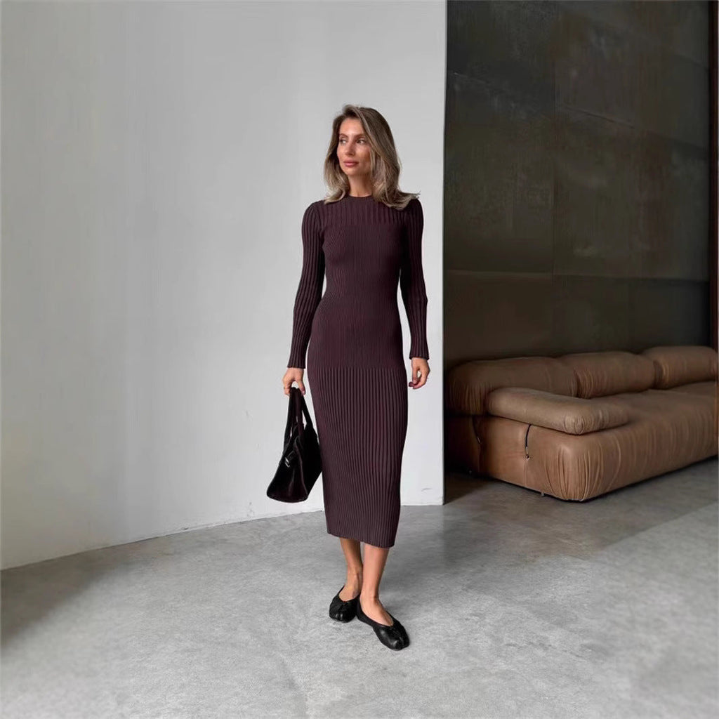 Long Sleeve Fall Winter Sweater Dress Women Knitted round Neck Sunken Stripe Solid Color Tight Dress Women