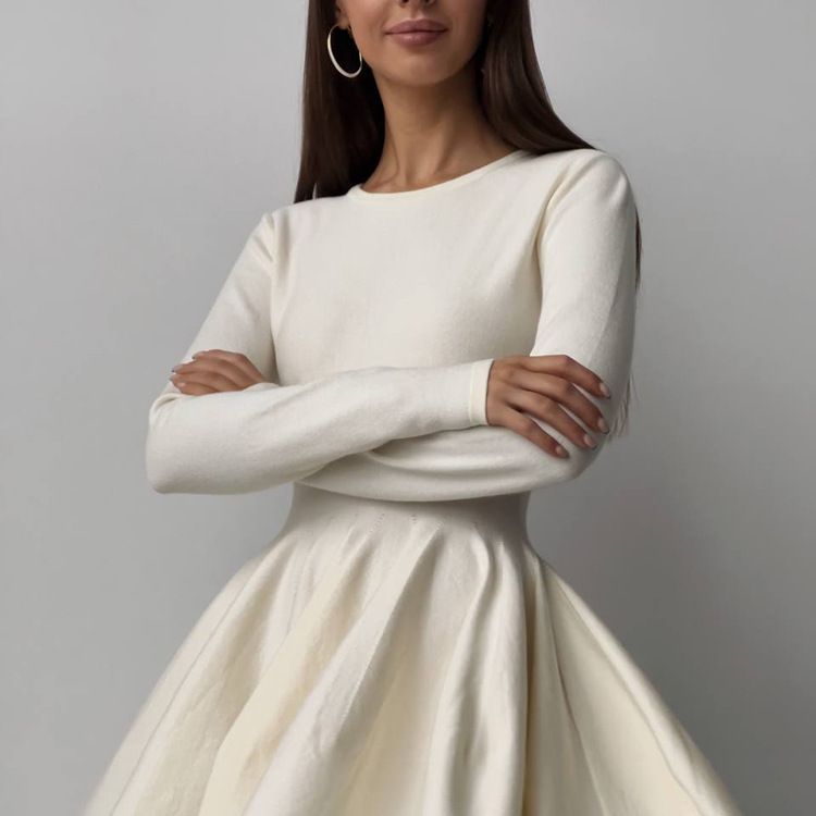Round Neck Waist Trimming Knitted Dress Women All Match Advanced Pleated Woolen
