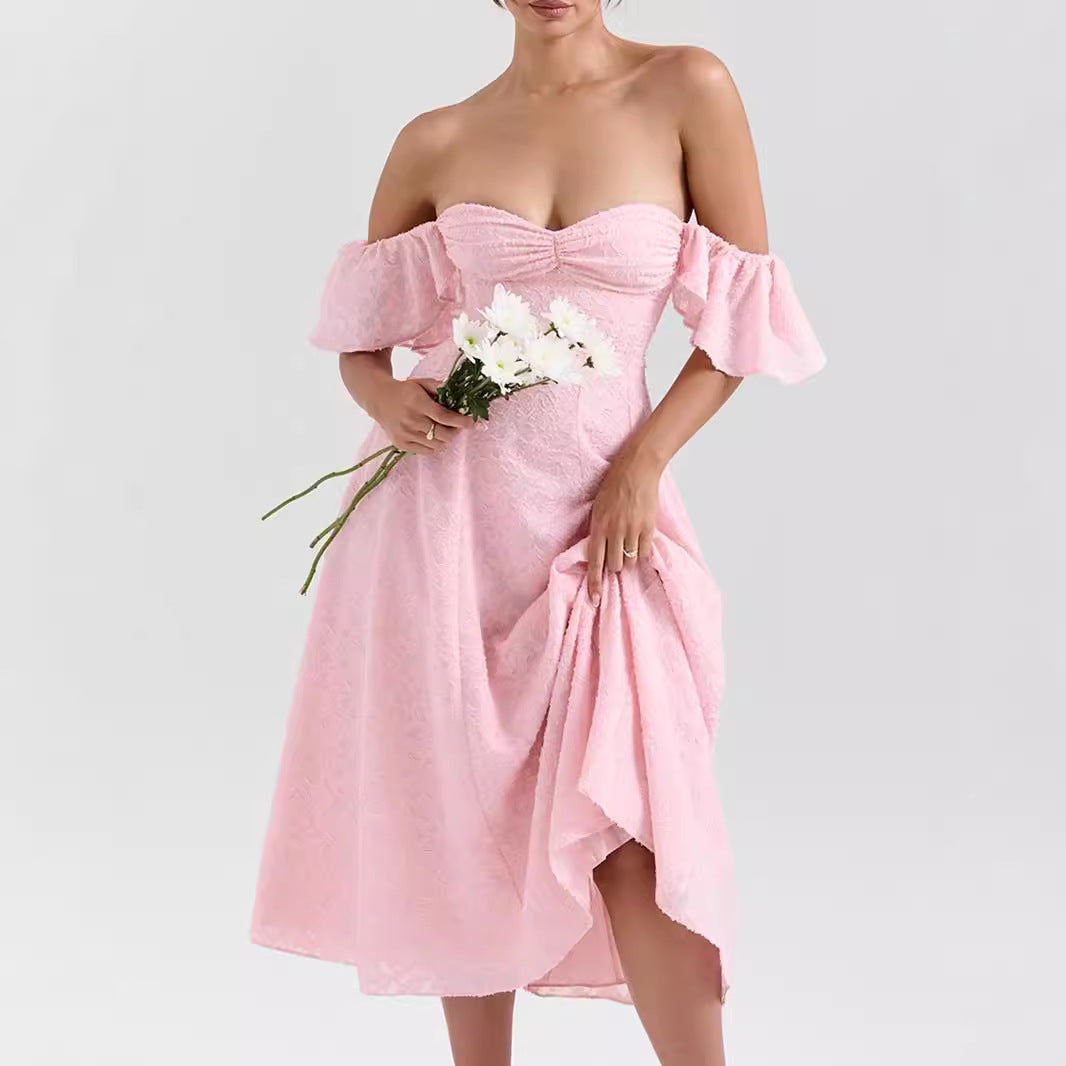 Women Wear Pink Sexy Square Neck Fitted Waist Backless Mid Length Dress French Dress