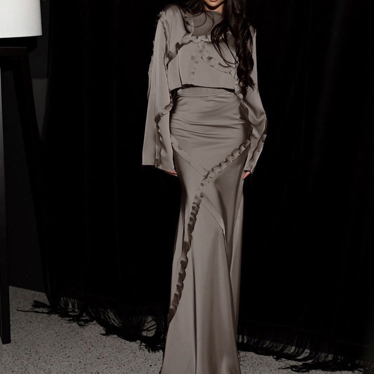 Graceful Fashionable Set Women Irregular Asymmetric Design Ruffled Long Sleeved Top Hip Skirt Two Piece Set