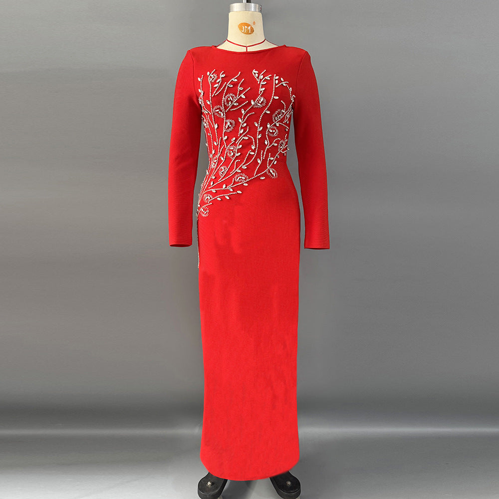 Handmade Beads Rhinestones Slim Long Sleeve Bandage One Piece Dress Elegant Graceful Party Dress