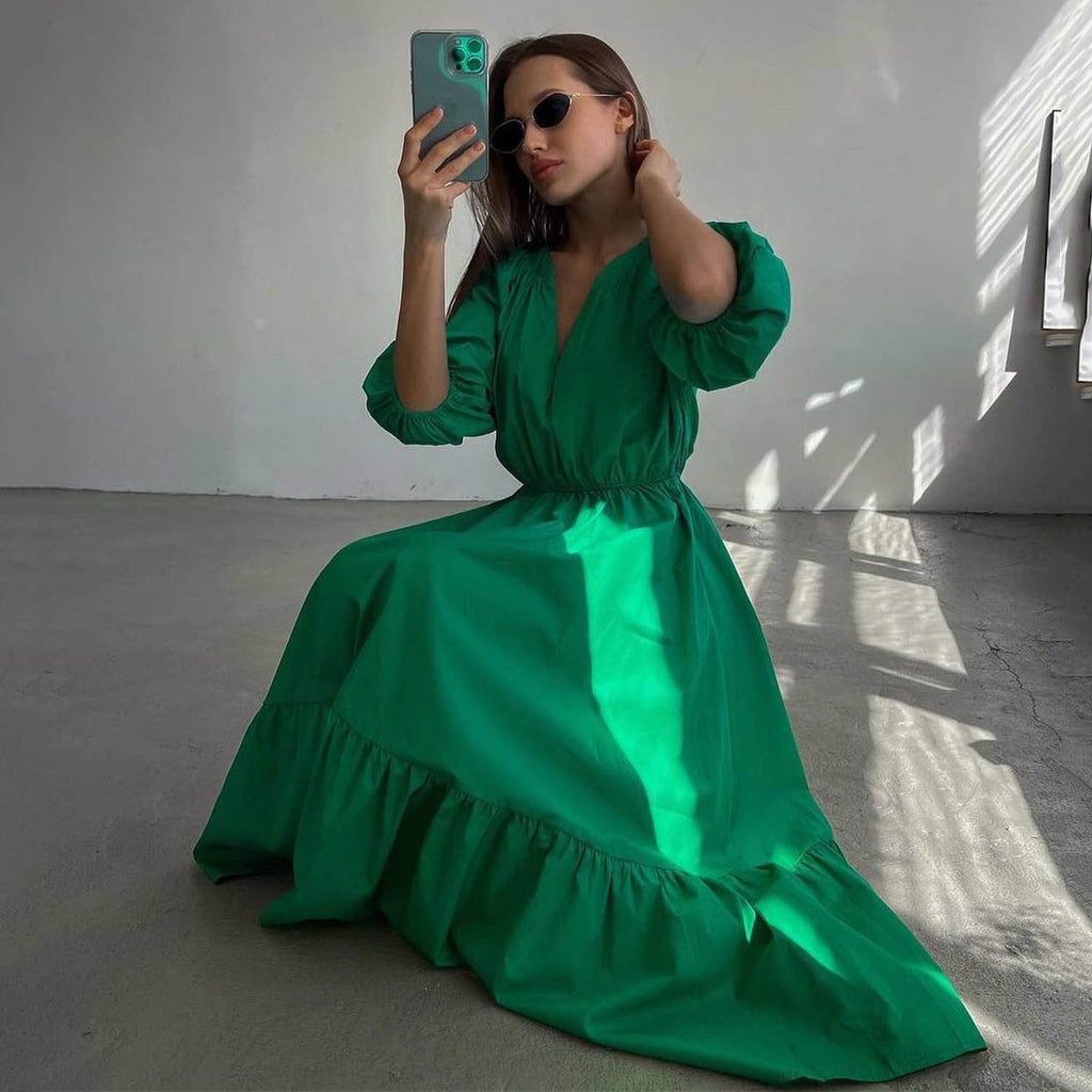 V neck Dress Office High Waist French Half Sleeve A line Dress Women Casual Dress Summer