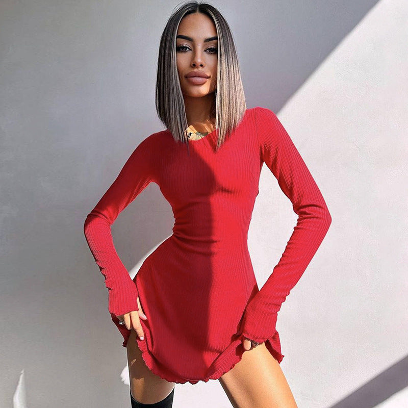 Women Clothing Autumn Winter Simple Solid Color Back Lace up Waist Controlled Dress