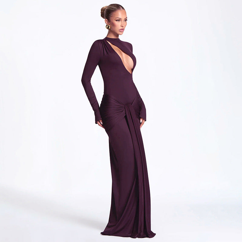 Women Clothing Autumn Winter Solid Color Sexy Slim Chest Hollow Out Cutout Sheath Tied Dress Women