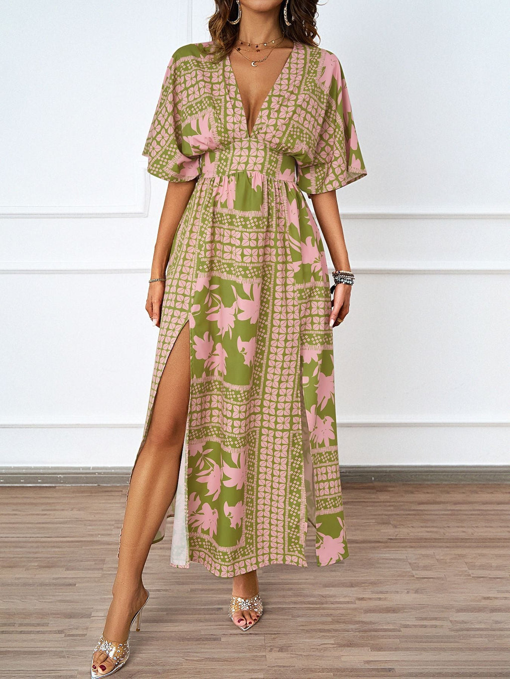 Summer Sexy V neck Short Sleeve Waist Controlled Printed Dress for Women