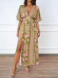 Summer Sexy V neck Short Sleeve Waist Controlled Printed Dress for Women