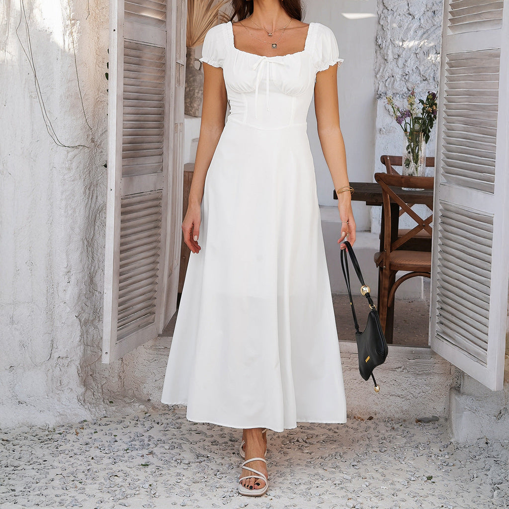Spring Summer Elegant Solid Color Tied Pleating Puff Sleeve French Dress Women Clothing