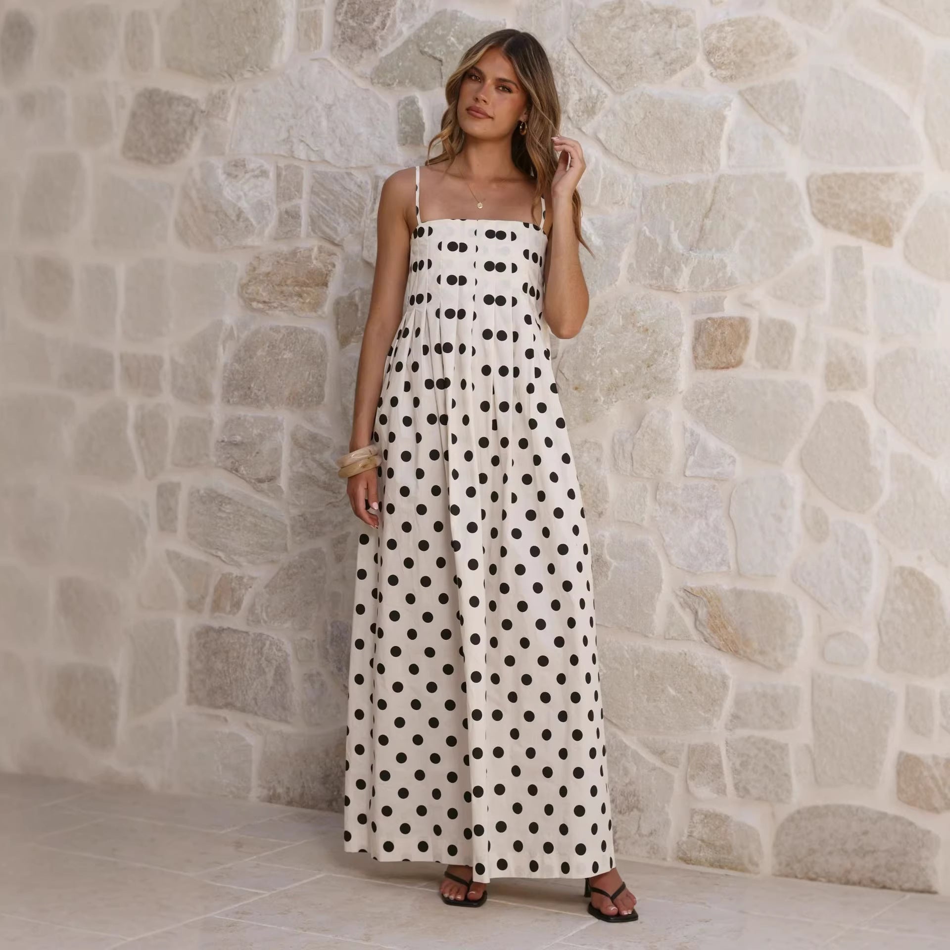 Summer Polka Dot Printed Pleated Craft Sweet Spaghetti Strap Mid Length Dress