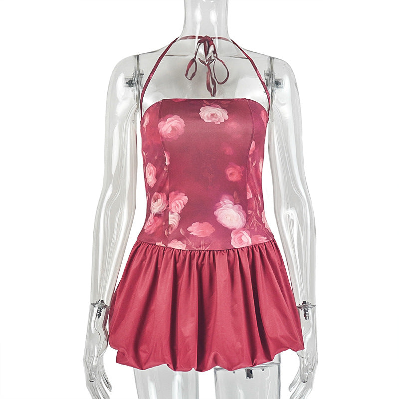 Office Women Clothing Slimming Pleated A line Dress Tight Waist off Neck Halter Short Dress