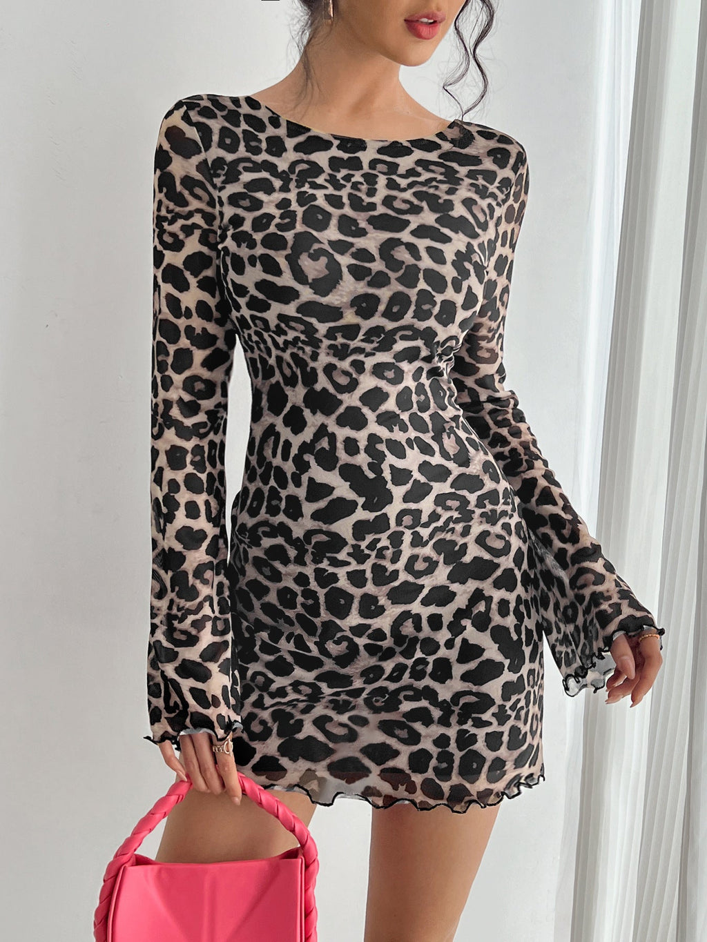 Spring Summer Lady Sexy Leopard Print Backless Flare Sleeve Mesh Dress