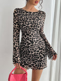 Spring Summer Lady Sexy Leopard Print Backless Flare Sleeve Mesh Dress