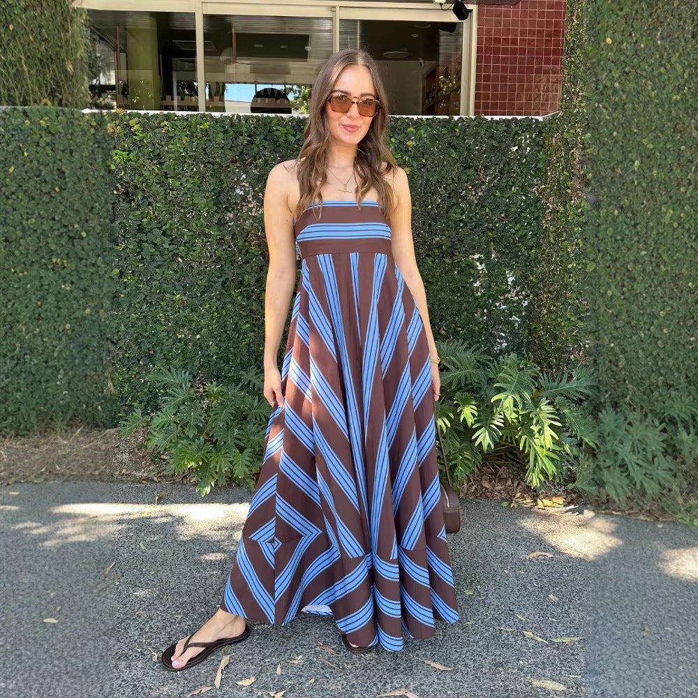 Summer Dress Striped Printed High Waist Big Swing French Cami Dress