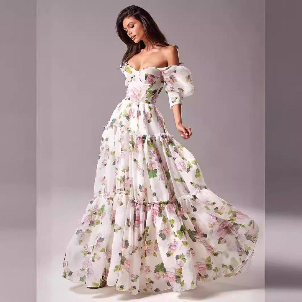 Spring Summer off the Shoulder Women Organza Fairy Long Elegant Evening Dress