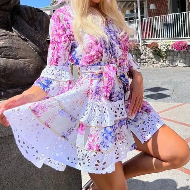 French Bohemian Vacation Spring V Neck Bell Sleeve Embroidered Printed Tied Dress Women