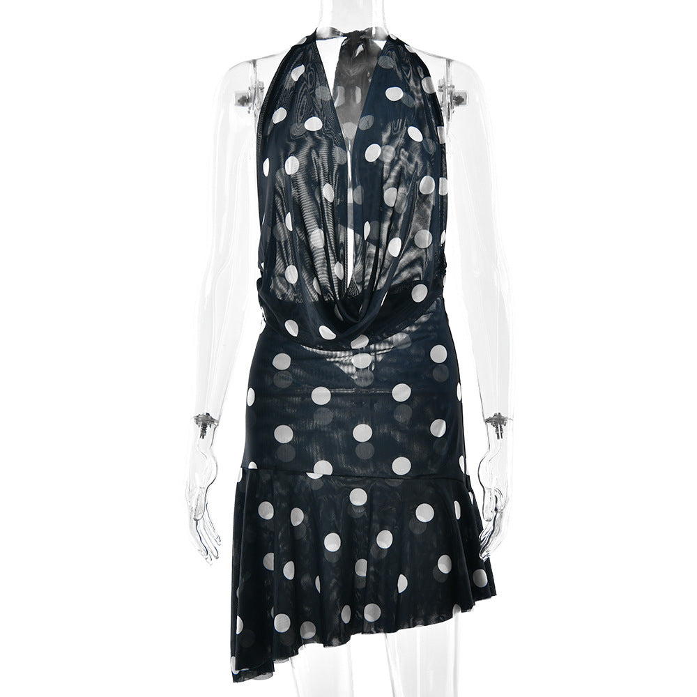 Halter Polka Dot Dress Sexy Lacing Mesh Deep V Plunge Backless Dress