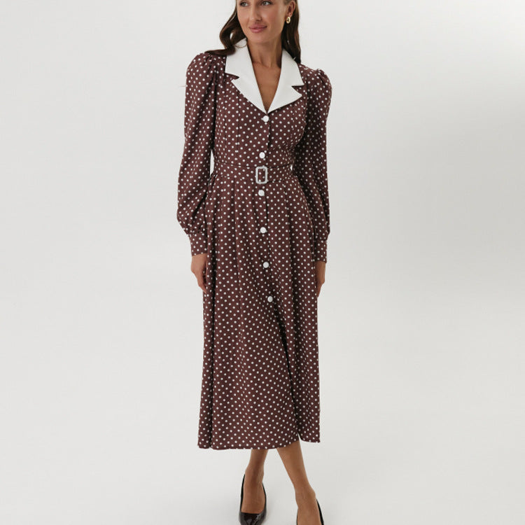 Women Clothing Elegant Polka Dot Dress Collared Long Sleeve Single Breasted High Waist Office Dress