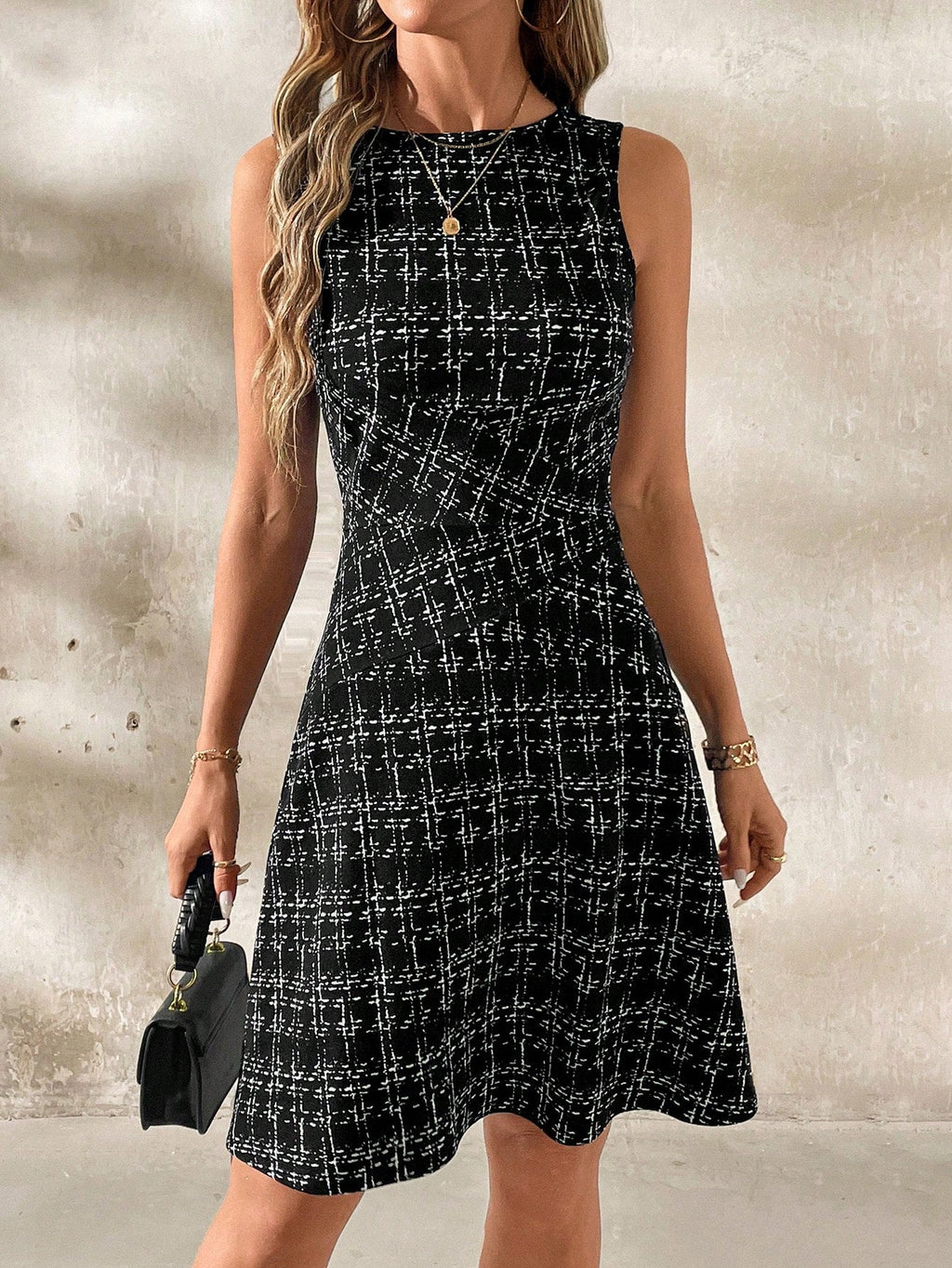 Spring Summer Striped Plaid Crew Neck Sleeveless Color Matching Waist Pleating Mid Length Dress Women Top