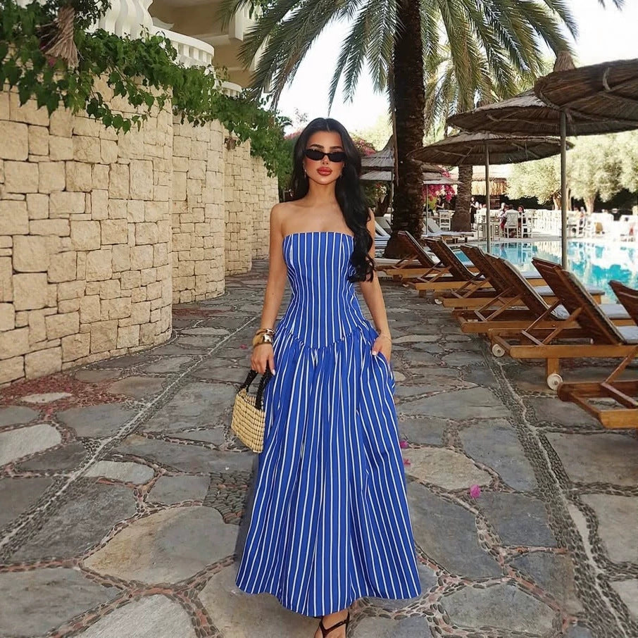 Dress Striped Print Wrapped Chest Nipped Waist Sexy Large Swing Dress