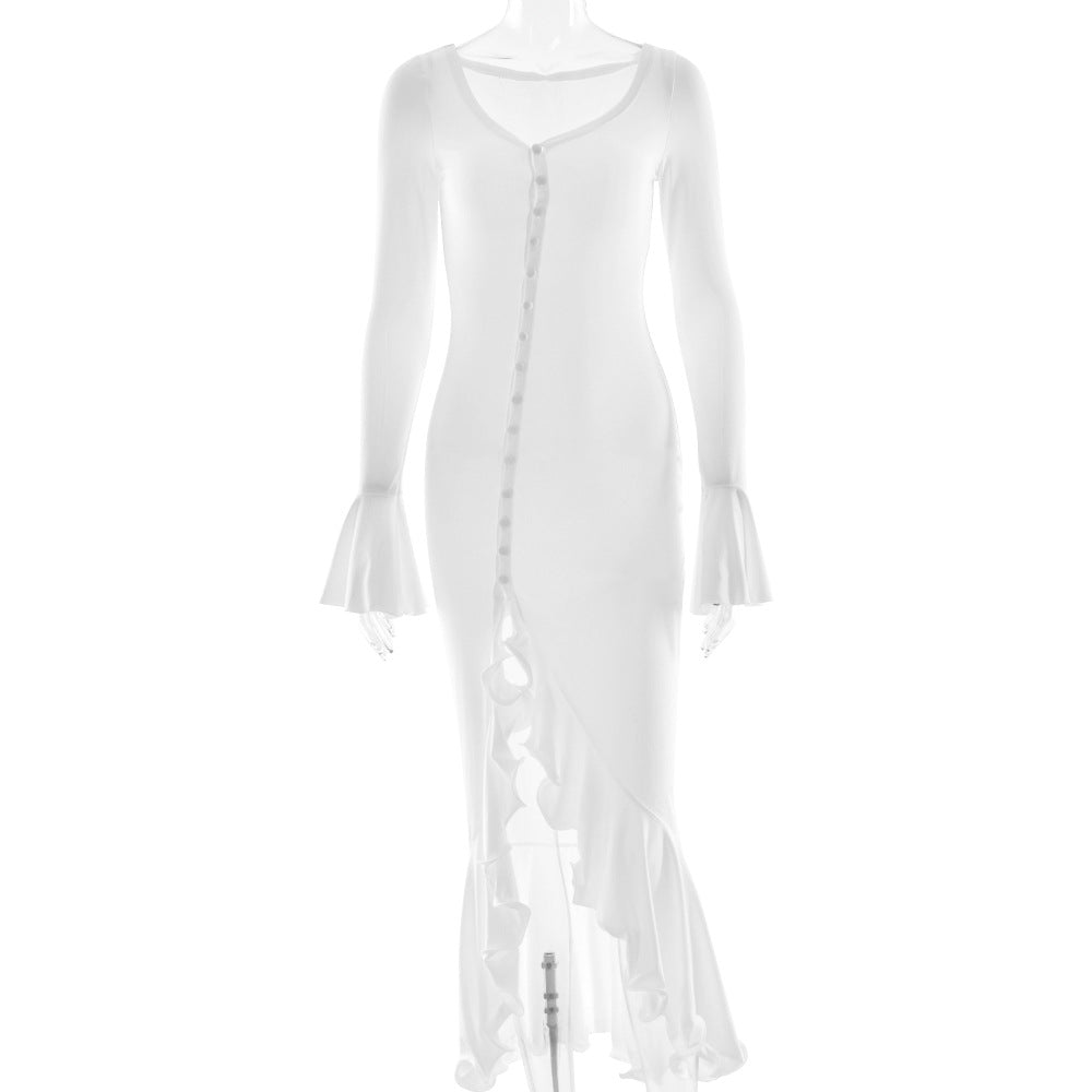Sexy Sexy Solid Color Waist Tight Bell Sleeve Dress Single Breasted Side Slit Dress