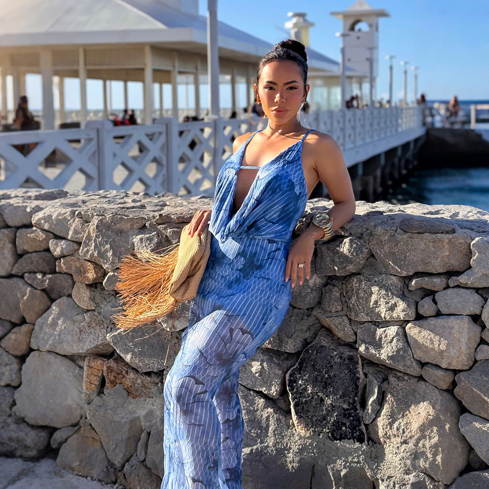 Sexy Deep V Plunge Strap Printed Slim Fit Maxi Dress Dress