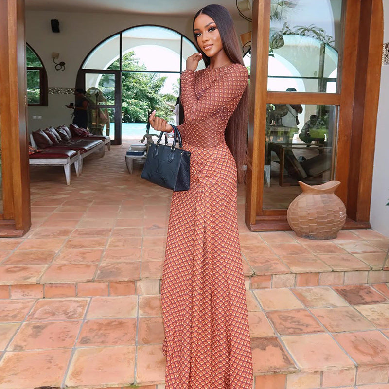 Women Pleated Strap Printing A line Dress round Neck Long Sleeve Casual Holiday Dress