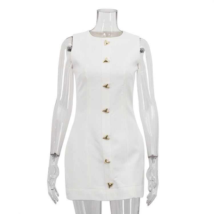 Women Clothing Arrival White Short French Dress Sleeveless round Neck Waist Controlled Vest Dress
