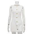 Women Clothing Arrival White Short French Dress Sleeveless round Neck Waist Controlled Vest Dress