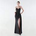 Deep V Plunge Waist Tight High Slit Sequin Embroidered Strap Slim Fit Elegant Evening Dress