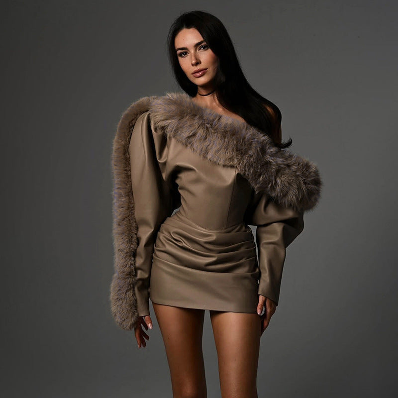 Autumn Winter Women Fur Collar Long Sleeve Solid Color Pleated Sexy off Shoulder Sexy Dress