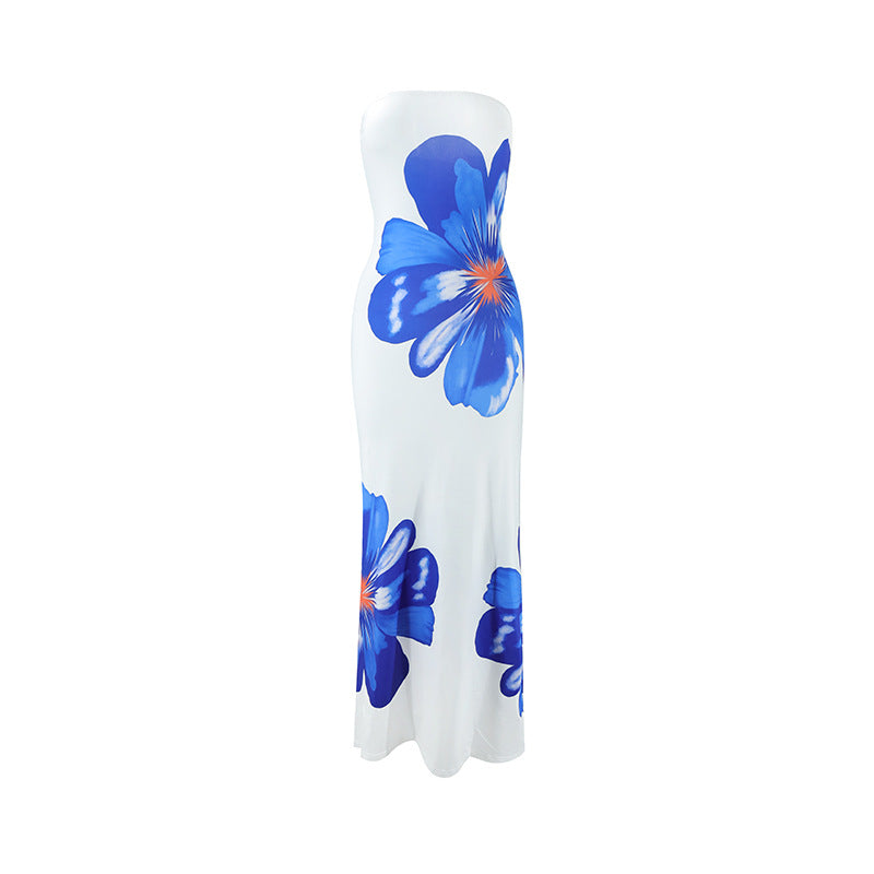 Summer Women Casual Tube Top Printed Long Vacation Dress