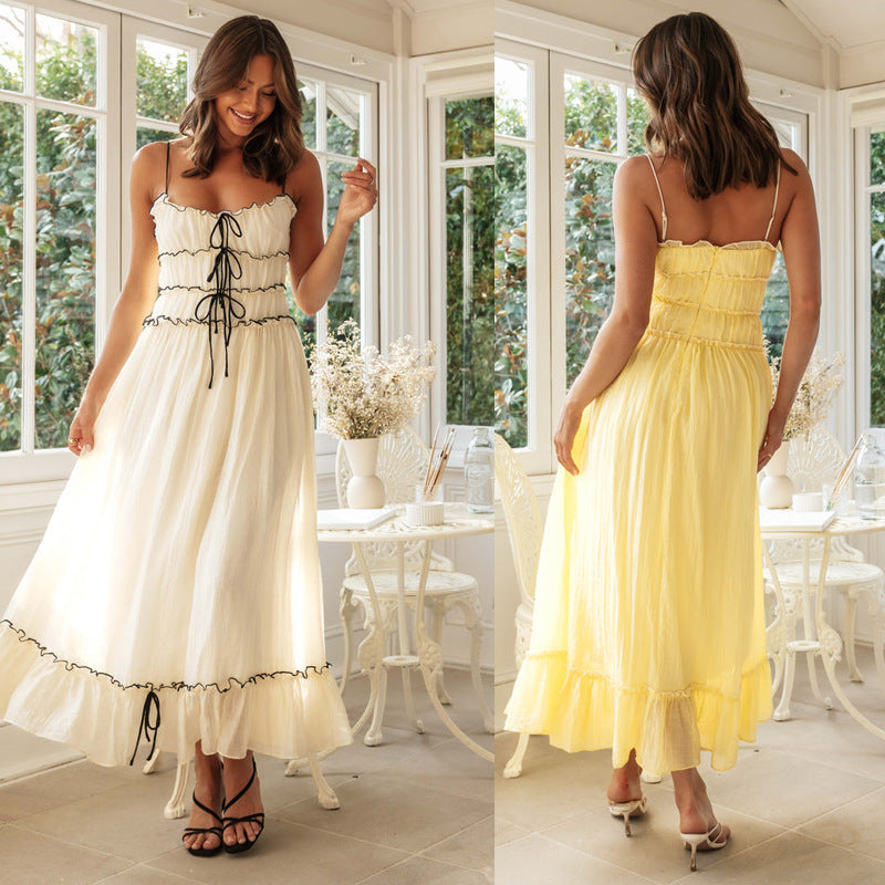 Women Strap Long Stitching Dress Elegant Shoulder Baring Sleeveless Strap