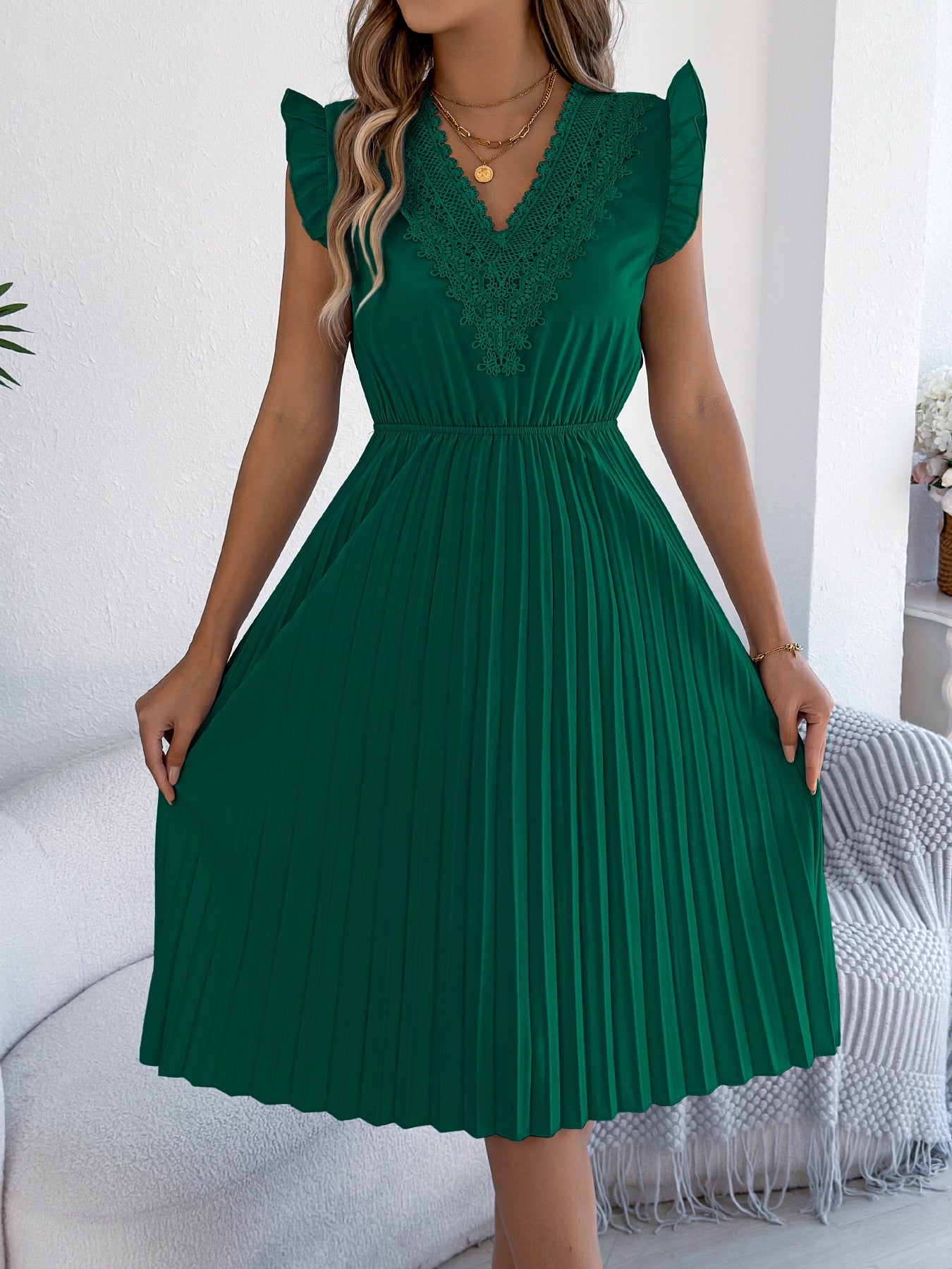 Women Clothing Spring Summer Casual Lace V neck Wooden Ear Cinched Pleated Dress