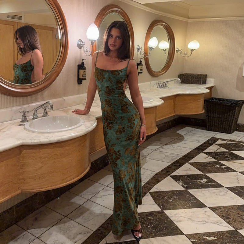 Flocking Backless Sling Maxi Dress Autumn Printed Slim Fit Hip Dress