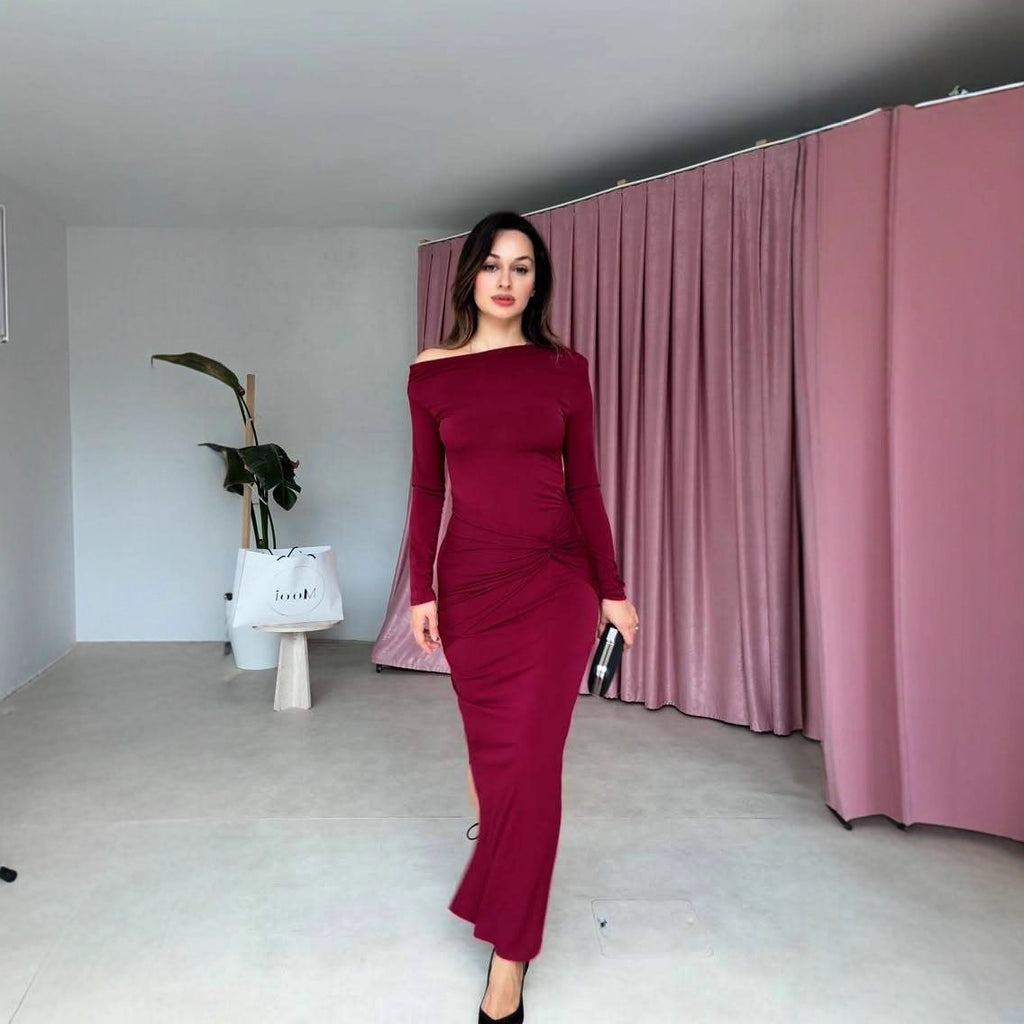 Fall Women Clothing Elegant Solid Color Long Sleeve Diagonal Collar Bow Ruffle Hip Dress