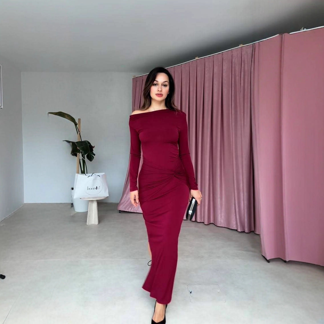 Fall Women Clothing Elegant Solid Color Long Sleeve Diagonal Collar Bow Ruffle Hip Dress