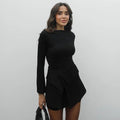 Women Clothing Winter Micro Pull Long Sleeve Short Dress Fold Button Two Piece Overskirt Set