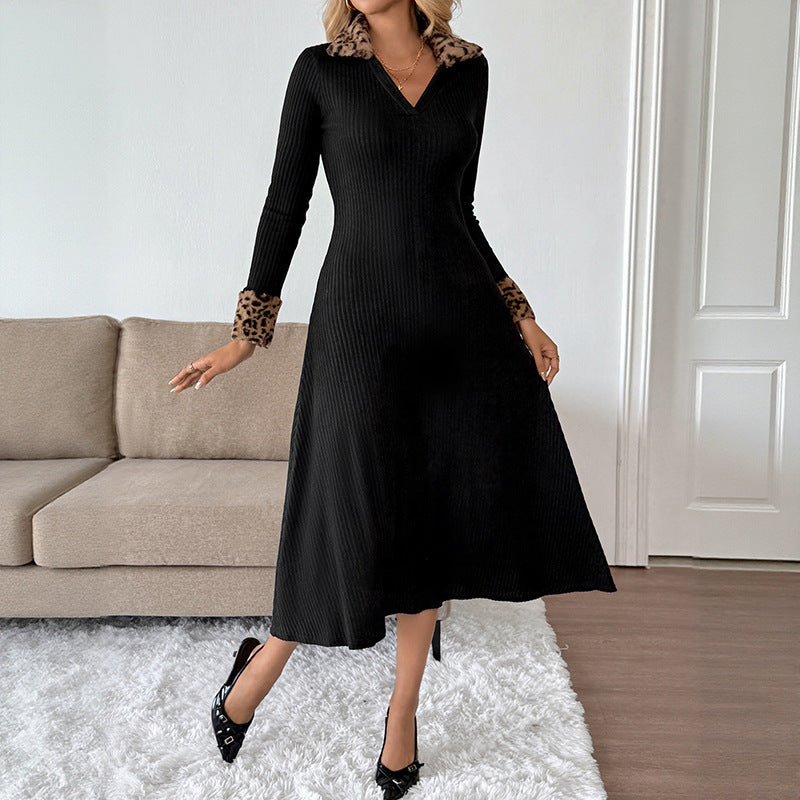 Autumn Winter Retro Elegant Slim Fit V neck Leopard Print Color Matching Dress