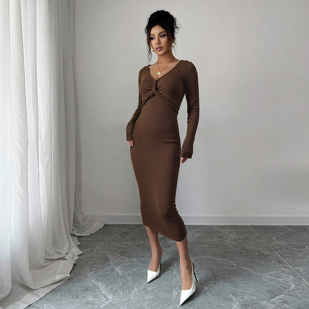 Brown V neck Dress Women Spring Autumn Chest Twist Design Slim Fit Three Quarter Sleeve Commuting Elegant Dress