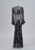 Women Clothing Long Sleeved round Neck Slim Fit Sheath Sequined Cocktail Fishtail Evening Dress