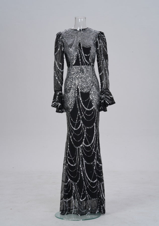 Women Clothing Long Sleeved round Neck Slim Fit Sheath Sequined Cocktail Fishtail Evening Dress