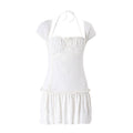 Summer Sexy French Low Cut Square Collar Halter Lace Up Design Short Sleeve Pleated Dress Women