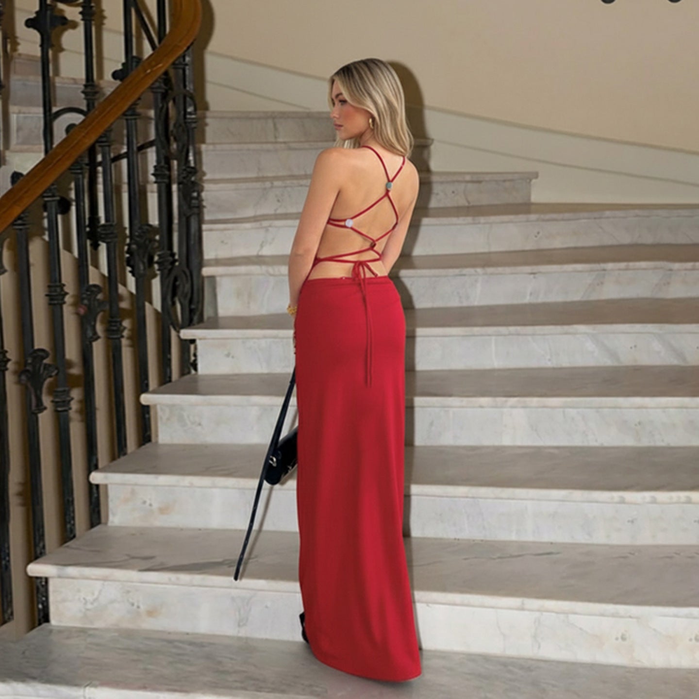 Women Beaded Lace up Backless Sexy Dress Cocktail Festive Red Elegant Dress Maxi Dress
