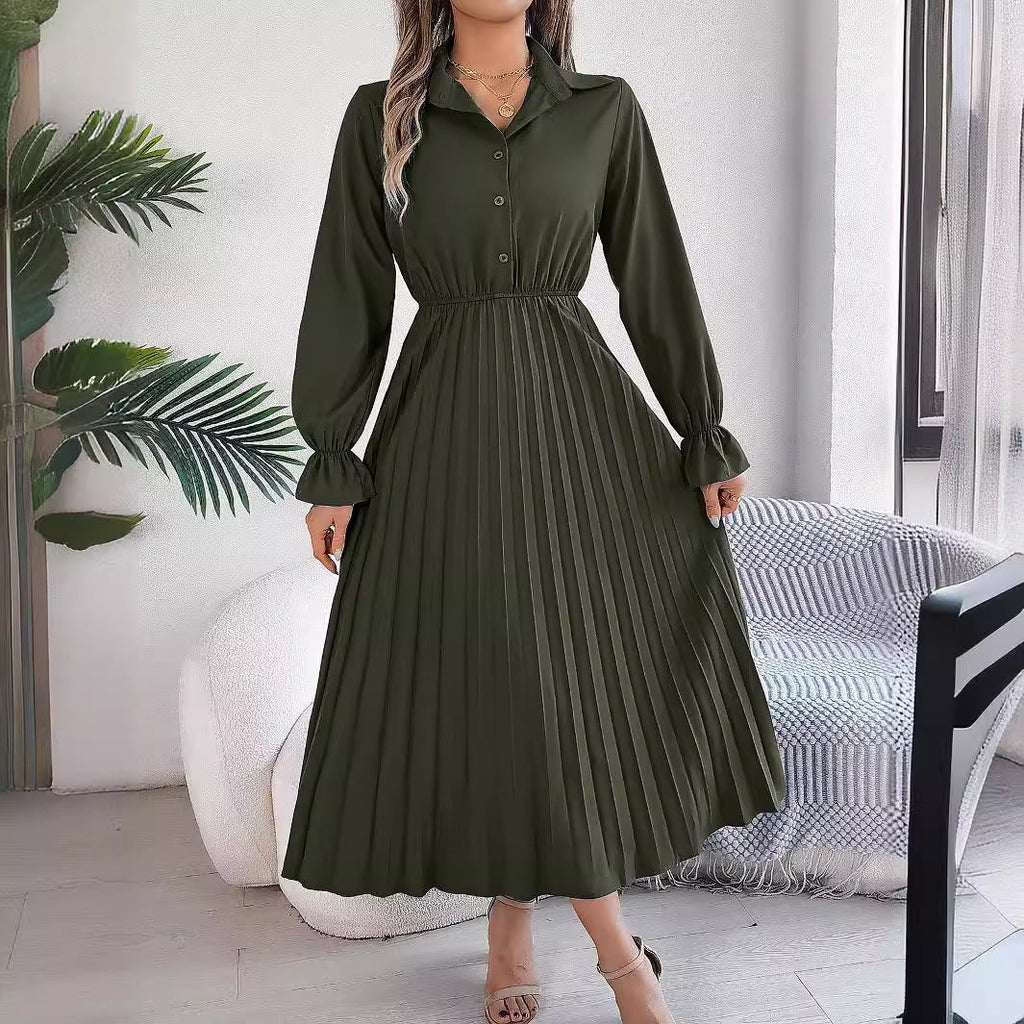 Autumn Winter Casual Collared Button Long Sleeve Cinched Pleated Maxi Dress Women Clothing