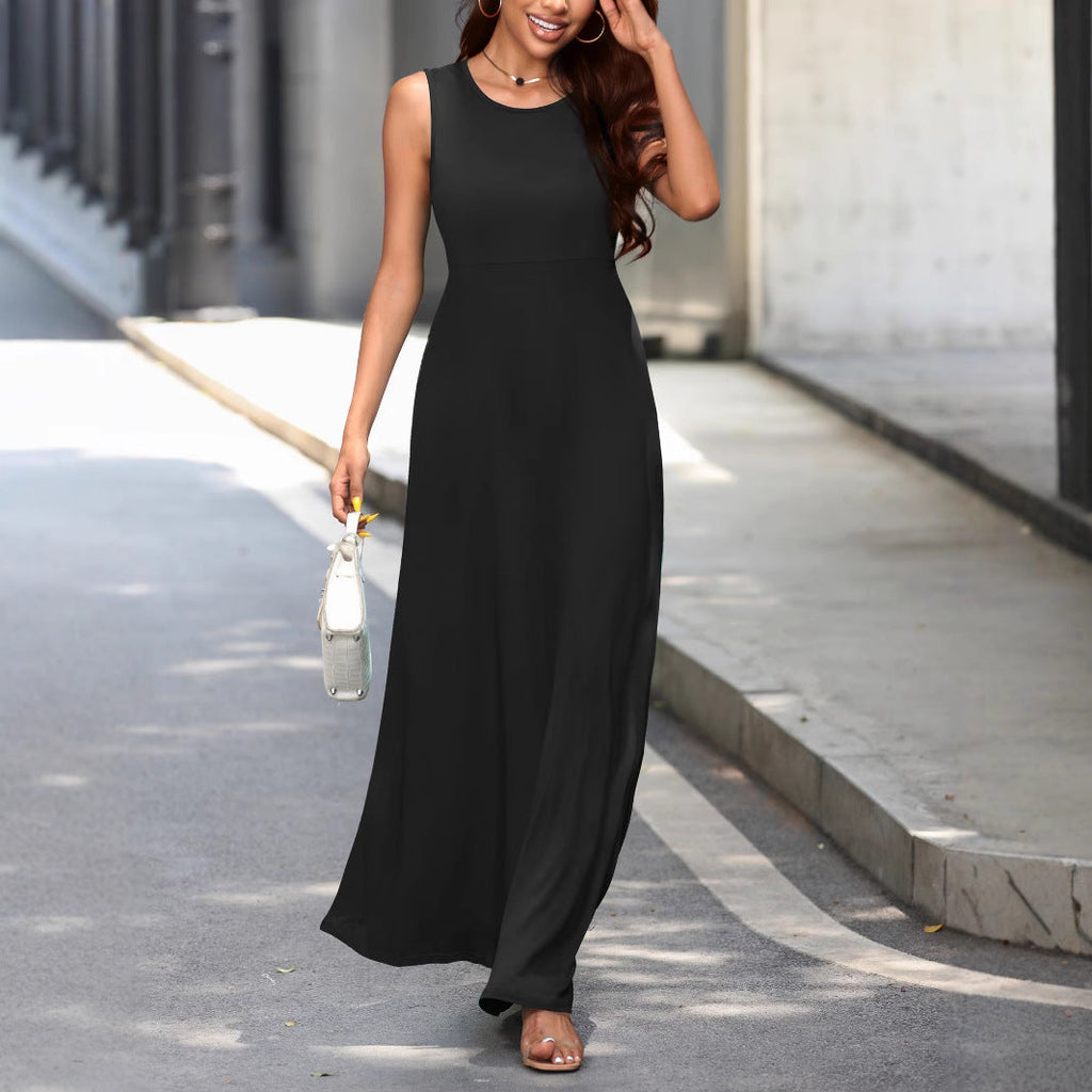 Sexy Sleeveless Dress Solid Color Mid Length Slim Strap Vest Dress