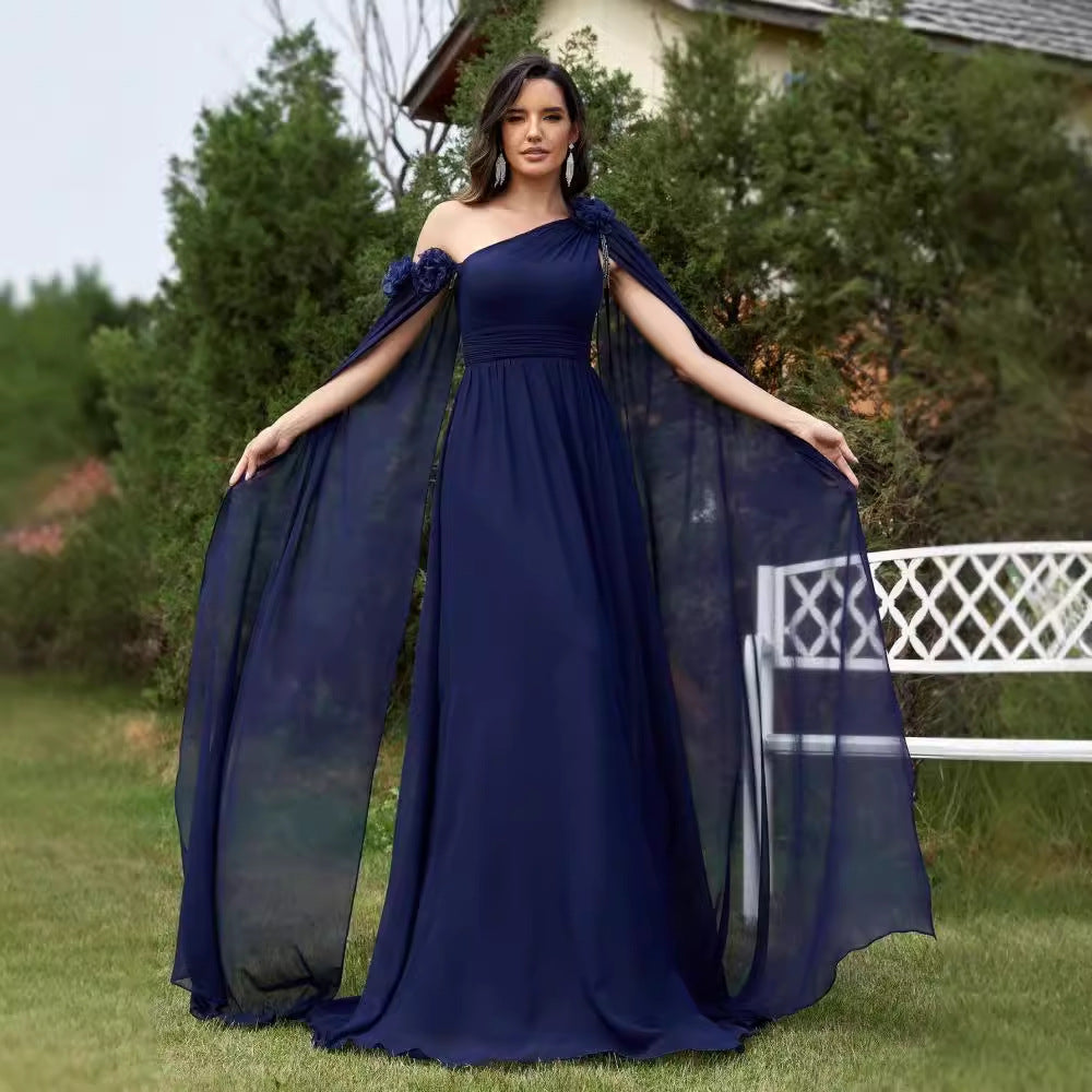 Chiffon Ribbon Dress Blue Slim Fishtail Cocktail Evening Dress Bridesmaid Dress Women