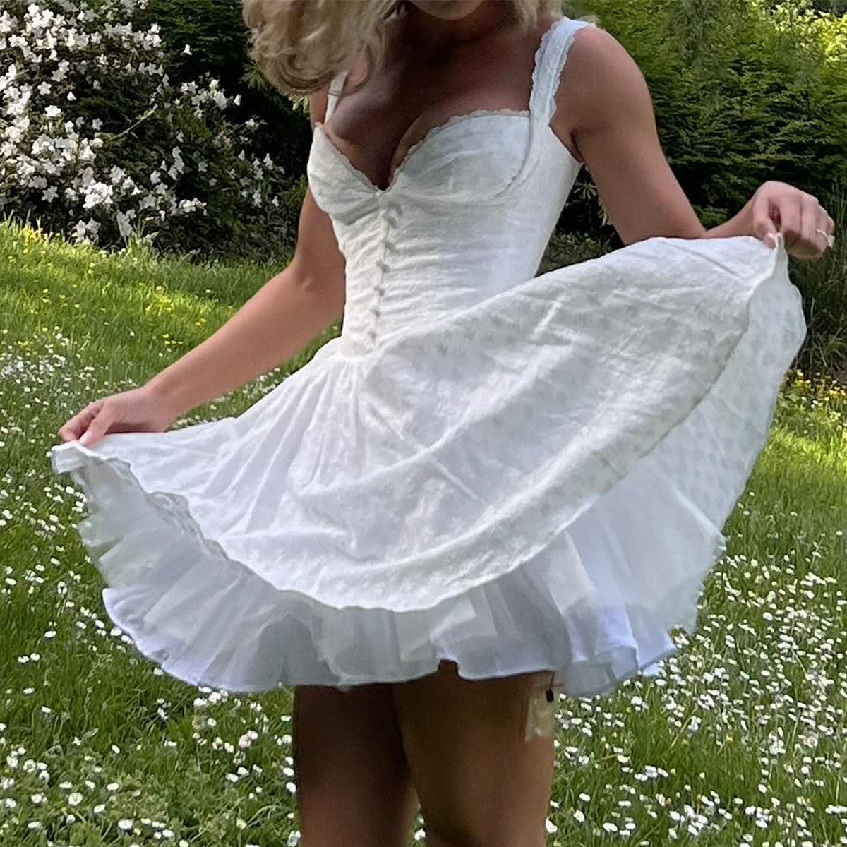 Dress Sexy V neck Lace Strap Dress Sexy White with Printed Pattern Sexy Women Clothing