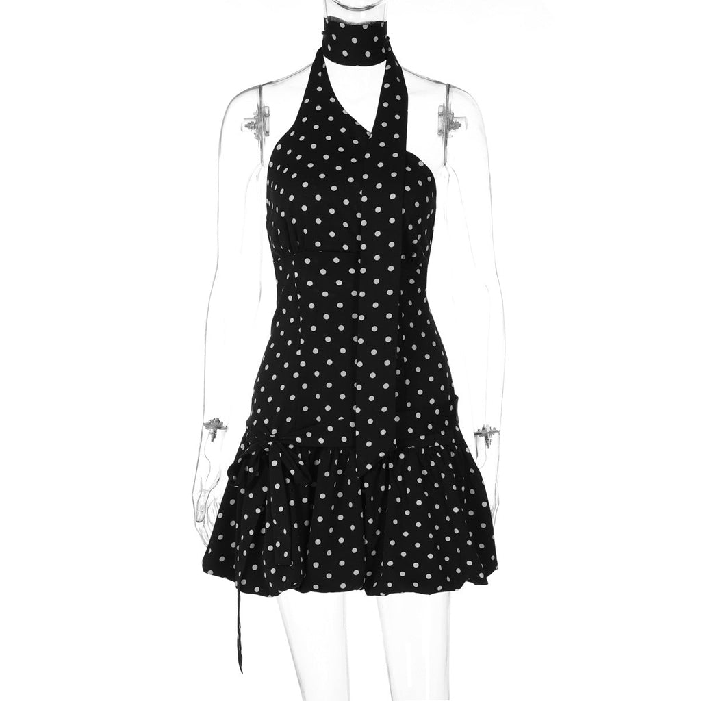 Women Clothing Street Shooting Ribbon Backless Polka Dot Cinched Dress