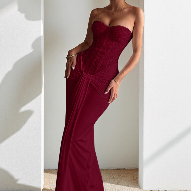 Women Evening Maxi Dress Waist Slimming Ribbon Tube Top Dress